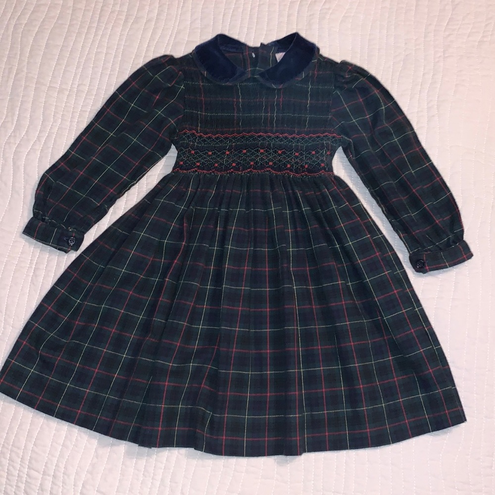 VINTAGE | Sophie Dess Hand Smocked Embroidered Plaid Tartan Long Sleeve Dress